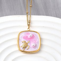 Квадрат Летний пляж 304 ожерелья из нержавеющей стали с эмалью цвета лаванды для женщин, с пластиковой жемчужины, реальный 18 k позолоченный, квадрат с черепахой, 15.75 дюйм (40 см), Кулон : 22.5x20x4.5 мм