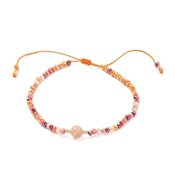 Sunstone Adjustable Nylon Thread Braided Bead Bracelets, with Round Natural Sunstone Beads and Glass Seed Beads, Inner Diameter: 1-3/4~3-3/8 inch(4.5~8.5cm)