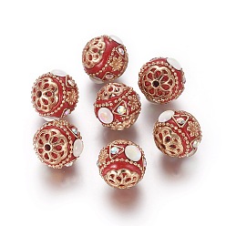Red Handmade Indonesia Beads, with Rhinestone and Brass Findings, Round, Light Gold, Red, 16.5~18.3x16x16.5mm, Hole: 1.8mm