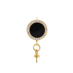 Black Brass Micro Pave Clear Cubic Zirconia Stud Earring Findings, for Half Drilled Bead, Nickel Free, with Enamel, Real 18K Gold Plated, Flat Round, Black, 20mm, Pin: 0.7mm, Pin: 0.7mm(for half drilled beads), Flat Round: 12x9.5mm