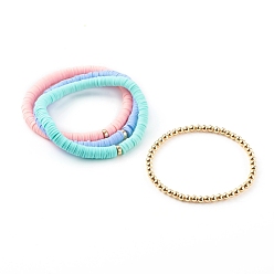 Mixed Color Stretch Beaded Bracelets Sets, with Handmade Polymer Clay Heishi Beads and Brass Round Beads, Golden, Mixed Color, Inner Diameter: 2-1/8 inch(5.3cm), 2-1/8 inch(5.4cm), 4pcs/set