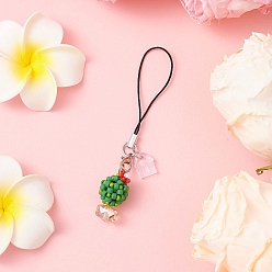 Красный Рождественская тематика стеклянные семена и ПВХ мобильные пылезащитные заглушки подвесные украшения, петли шнура, Сплав с застежками когтя омара, кактусовый шар, платина, красные, 90 мм