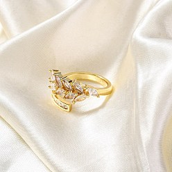 Настоящее золото 18K Кольца-манжеты для пальцев с покрытием из латуни с микропаве из прозрачного кубического циркония для женщин, долговечный, лист, реальный 18 k позолоченный, внутренний диаметр: 18 мм