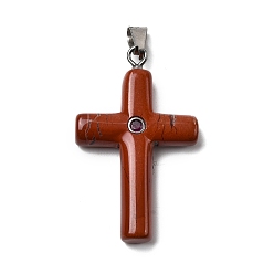 Красный Камень Подвески-кресты из натуральной красной яшмы, с латунными микро проложить кубических выводы циркония, платина, стойки покрытие, 44.5~45x27.5~28.5x7~8.5 мм, отверстие : 4x6.5 мм