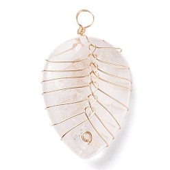 Quartz Crystal Natural Quartz Crysta Pendants, with Light Gold Tone Copper Wire Wrapped, Water Drop, 42~43x25~26x12mm, Hole: 4mm
