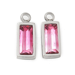 Ярко-Розовый 304 шарма из нержавеющей стали, со стеклом, прямоугольные, ярко-розовый, 11x4.5x3.5 мм, отверстие : 1.4 мм
