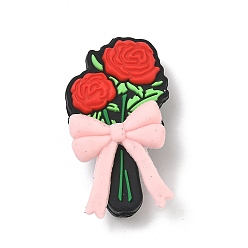 Pink Силиконовые бусины ко Дню святого Валентина, цветок с бантом, фокусные бусы, розовые, 35x20x11 мм, отверстие : 2.1 мм