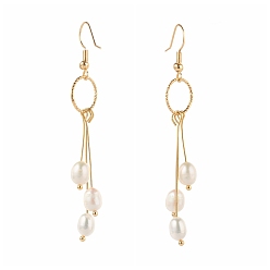 Golden Brass Dangle Earring, with Natural Pearl Beads, Golden, 70mm, Pin: 0.6mm