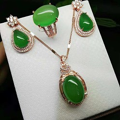 Зеленый 925 ожерелья, серьги и кольца из стерлингового серебра с микропаве из прозрачных кубических цирконий и натуральным халцедоном, платина, овальные, зелёные, 400 мм