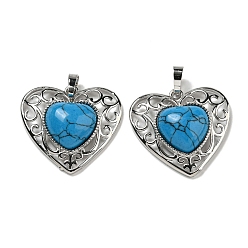 Synthetic Turquoise Synthetic BlueTurquoise Peach Love Heart Pendants, Rack Plating Brass Hollow Heart Charms, Cadmium Free & Lead Free, 29.5x30.5x7.5mm, Hole: 7.5x5mm