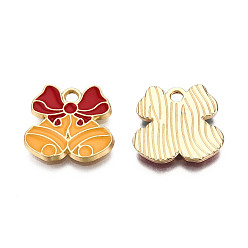 Оранжевый Подвески из эмали и сплава, на Рождество, золотой свет, колокол, оранжевые, 15x15.5x1.5 мм, отверстие : 2 мм