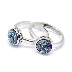 Васильковый Гальванизированный естественный druzy агат кристалл палец кольца, с фурнитурой из экологически чистой латуни, без свинца и без кадмия, долговечный, плоско-круглые, Размер 7, Реальная платина, васильковый, 17 мм
