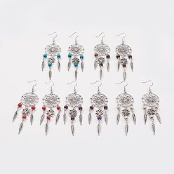 Mixed Color Alloy Chandelier Earrings, with Wood Beads and Brass Earring Hooks, Mixed Color, 106mm, Pin: 0.5mm