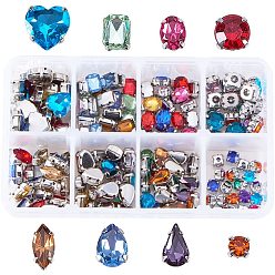 Mixed Color Sew on Rhinestone, Glass Rhinestone, with Brass Prong Settings, Garments Accessories, Faceted, Mixed Color, 5~10x5~10x4~6mm, 20pcs/compartment, 160pcs/box