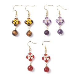 Смешанные камни 3 пары латунных сережек-цветков, с природных драгоценных камней, золотые, 55x14~15 мм