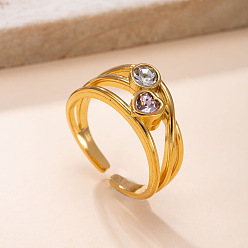 Pink 304 Stainless Steel Pave Cubic Zirconia Cuff Open Rings, Heart, Golden, Pink, US Size 4 1/4(15mm)~20mm
