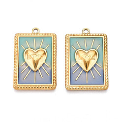 Средний Аквамарин Ионное покрытие (ip) 304 подвески из нержавеющей стали, с эмалью, подвески в форме прямоугольника и сердца, реальный 18 k позолоченный, средний аквамарин, 28x18x3 мм, отверстие : 1.6 мм