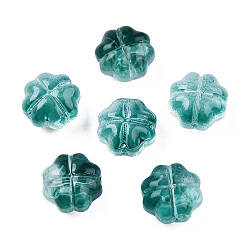 Dark Cyan Transparent Spray Painted Glass Beads, Clover, Dark Cyan, 11.5x11.5x7.5mm, Hole: 1mm