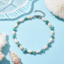 Synthetic Turquoise Synthetic Turquoise Chips & Natural Trumpet Shell Beaded Anklets, 9-1/4 inch(23.6cm)