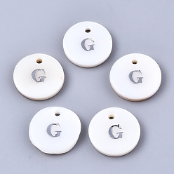 Letter G Natural Freshwater Shell Pendants, with Platinum Plated Iron Etched Metal Embellishments, Flat Round with Initial Letter, White, Letter.G, 11x2mm, Hole: 1.5mm