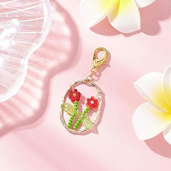 (123L) Белый крем непрозрачный блеск Овальный с цветочным стеклянным бисером и подвесками из лэмпворка и сплава, с карабин-лобстерами , золотые, огнеупорный кирпич, 49.5 мм