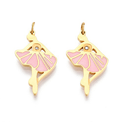 Pink 304 нержавеющей стальной эмали подвески, с соединительным кольцом и стразами, реальный 18 k позолоченный, очарование балерины, ионное покрытие (ip), розовые, 22x13x1.5 мм, отверстие : 2.5 мм