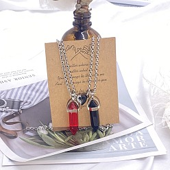 Красный 2шт. стеклянные двухгранные заостренные пули-подвески для пар с магнитными застежками в форме сердца, ожерелья из сплава цепей для женщин, платина, красные, 17.72 дюйм (45 см)