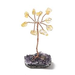 Цитрин Натуральные цитриновые чипсы Дерево жизни украшения, аметистовая основа с медной проволокой, фен-шуй энергетический камень подарок для домашнего офиса украшение рабочего стола, 18.5~24.5x25~33x49~61 мм