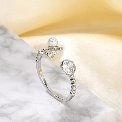 Платина Кольца-манжеты из латуни с микропаве из кубического циркония для женщин в виде дельфина, с ABS имитации жемчуга, без свинца и без кадмия, платина, внутренний диаметр: регулируемый