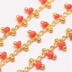 Orange Red Handmade Seed Beaded Chains, Soldered, with Spool, with Brass Findings, Orange Red, 6x2~3mm, about 32.8 Feet(10m)/roll