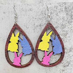 Разноцветный Пасхальные деревянные серьги-подвески, кролик, платина, красочный, 60x39 мм