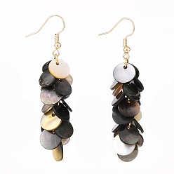 Real 18K Gold Plated Natural Black Lip Shell Dangle Earrings, Cluster Earrings, with Brass Earring Hoops, Flat Round, Real 18K Gold Plated, 62x14mm, Pin: 0.6mm