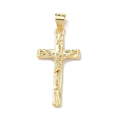 Настоящее золото 18K Латунные подвески, подвески в виде креста-распятия, долговечный, без кадмия и без свинца, стойки покрытие, реальный 18 k позолоченный, 26x13.5x3 мм, отверстие : 3.5x5 мм