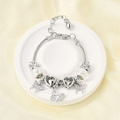 Платина Сплав европейские бусины браслеты с подвесками, браслеты из змеиной цепи для женщин, бабочка и цветок и сердце, смолой и горный хрусталь, без свинца и без кадмия, платина, 7 дюйм (17.8 см)