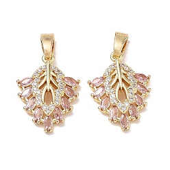 Pink Brass Micro Pave Cubic Zirconia Pendants, Leaf Charms, Golden, Pink, 20x15x4mm, Hole: 3x5.5mm
