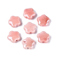 Salmon Handmade Porcelain Beads, Bright Glazed Porcelain, Flower, Salmon, 14~15x14~15x6~7mm, Hole: 1.8~2.2mm