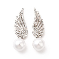 Платина Серьги-гвоздики из латуни с микропаве из кубического циркония, серьга с подвеской в виде крыла с пластиковой бусиной для женщин, долговечный, без свинца и без кадмия, платина, 43 мм, штифты : 1 мм