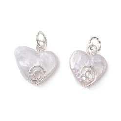 Серебро Подвески в форме сердца из натурального жемчуга кеши, с обмоткой из экологически чистой медной проволоки, белые, серебряные, 13~13.5x10.5~13x4~4.5 мм, Перейти кольцо: 4.6x0.8 мм, внутренний диаметр: 3.5 мм