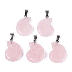 Quartz Rose Naturel a augmenté pendentifs en quartz, charmes de conque, avec cliquet en acier inoxydable, couleur inox, 27.5~29.5x20~23x5.5~8.5mm, Trou: 7x4mm