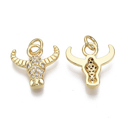 Настоящее золото 16K Латунные микро проложить кубического циркония прелести, с прыжковых колец, без никеля , Ox-голова, прозрачные, реальный 16 k позолоченный, 14x13.5x3 мм, отверстие : 3 мм