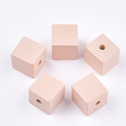 Pink Bemalte natürliche Holzperlen, Würfel, rosa, 14~15x14~15x14.5~15 mm, Bohrung: 3.5 mm