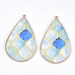 Hellblau Pu-Leder große Anhänger, mit vergoldenden Legierungszubehör, Träne, mit Blumenmuster, hellblau, 58x37x3 mm, Bohrung: 1.6 mm