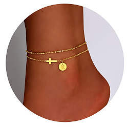 Letter K Браслеты на ногу из латуни с боковыми поперечными связями и плоскими круглыми начальными подвесками, золотые, Письмо K, 7-7/8 дюйм (200 мм)