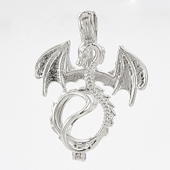 Platine Pendentifs médaillon en laiton, pendentifs cage, creux, Dragon, platine, 31x24x11mm, trou: 4x3 mm, mesure intérieure: 9 mm