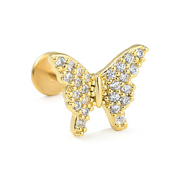 Бабочка Серьги-гвоздики из нержавеющей стали с микропаве из прозрачного кубического циркония для женщин и мужчин, плоская серьга сзади, бабочка, 6 мм, штифты : 1.2 мм