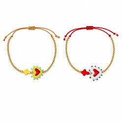 Mixed Color 2Pcs 2 Colors Dyed Synthetic Turquoise Cross and Glass Heart Braided Bead Bracelets for Women, Adjustable Stackable Bracelets with Round Brass Beads, Golden, Mixed Color, 11.02 inch(28cm), 1pc/color