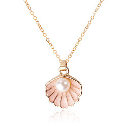 Pink 304 Stainless Steel Necklaces, Shell Shape, with Alloy Enamel & ABS Plastic Imitation Pearl Pendants, Golden, Pink, 15.75 inch(40cm), Pendant: 16.7mm