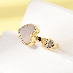Heart Brass Micro Pave Cubic Zirconia Open Cuff Rings, with Shell, Real 16K Gold Plated, Heart, 10mm, Inner Diameter: 17mm