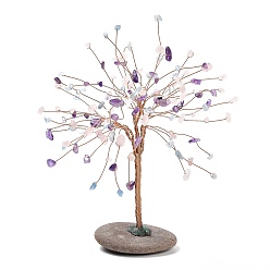 Смешанные камни Украшение из натурального аквамарина, розового кварца и аметиста, целебное каменное дерево, для балансировки чакр исцеляющими кристаллами рейки, скрученный с шасси из меди и гальки, дерево, 100~118x84x210~225 мм