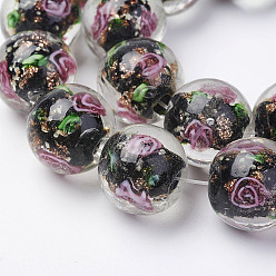 Black Handmade Gold Sand Lampwork Beads Strands, Inner Flower, Round, Black, 12.5~13.5mm, Hole: 1.5mm, about 28pcs/strand, 14.88 inch(37.8cm)